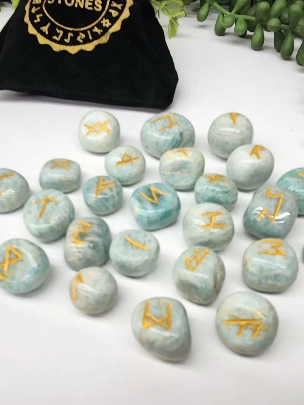 Amazonite Rune Set β Elder Futhark 25 Stone Set with Velvet Pouch